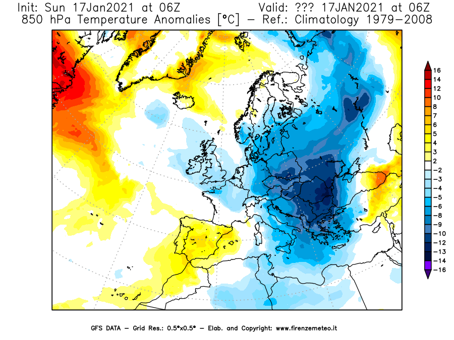 Mappa di analisi GFS - Anomalia Temperatura [°C] a 850 hPa in Europa
							del 17/01/2021 06 <!--googleoff: index-->UTC<!--googleon: index-->