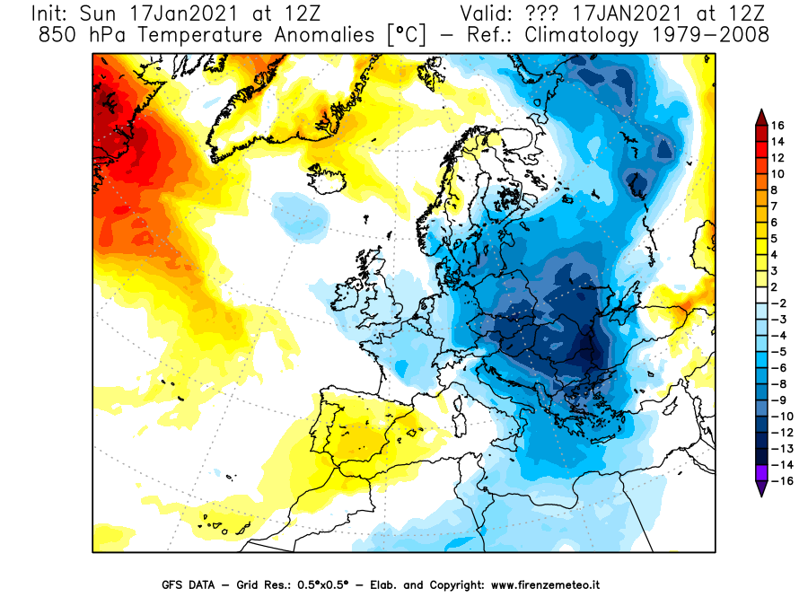 Mappa di analisi GFS - Anomalia Temperatura [°C] a 850 hPa in Europa
							del 17/01/2021 12 <!--googleoff: index-->UTC<!--googleon: index-->