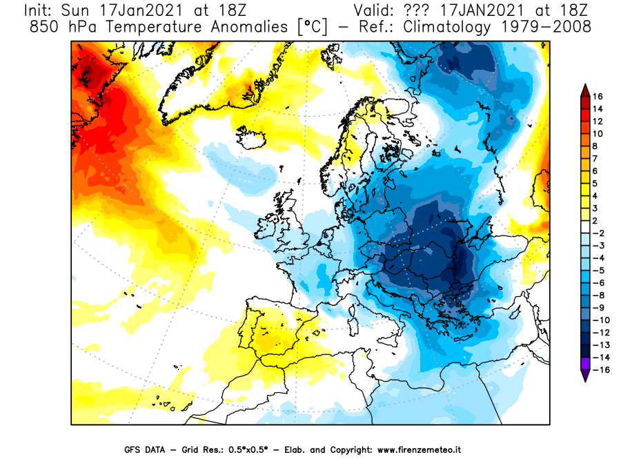 Mappa di analisi GFS - Anomalia Temperatura [°C] a 850 hPa in Europa
							del 17/01/2021 18 <!--googleoff: index-->UTC<!--googleon: index-->