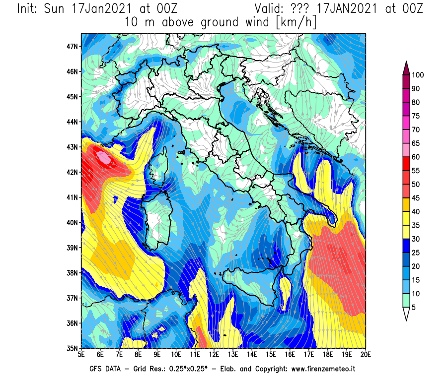 Mappa di analisi GFS - Velocità del vento a 10 metri dal suolo [km/h] in Italia
							del 17/01/2021 00 <!--googleoff: index-->UTC<!--googleon: index-->