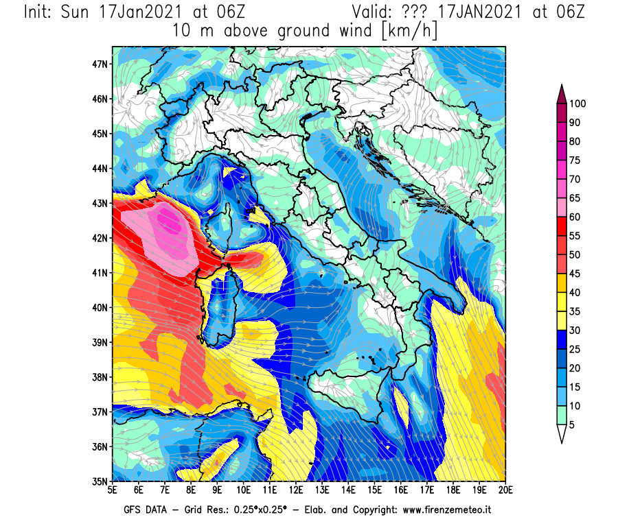 Mappa di analisi GFS - Velocità del vento a 10 metri dal suolo [km/h] in Italia
							del 17/01/2021 06 <!--googleoff: index-->UTC<!--googleon: index-->