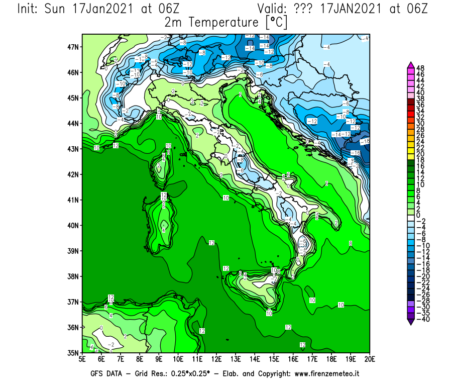 Mappa di analisi GFS - Temperatura a 2 metri dal suolo [°C] in Italia
							del 17/01/2021 06 <!--googleoff: index-->UTC<!--googleon: index-->