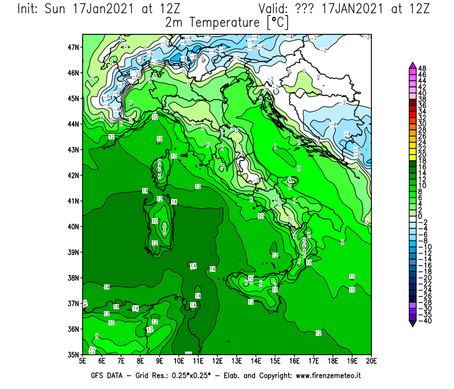 Mappa di analisi GFS - Temperatura a 2 metri dal suolo [°C] in Italia
							del 17/01/2021 12 <!--googleoff: index-->UTC<!--googleon: index-->