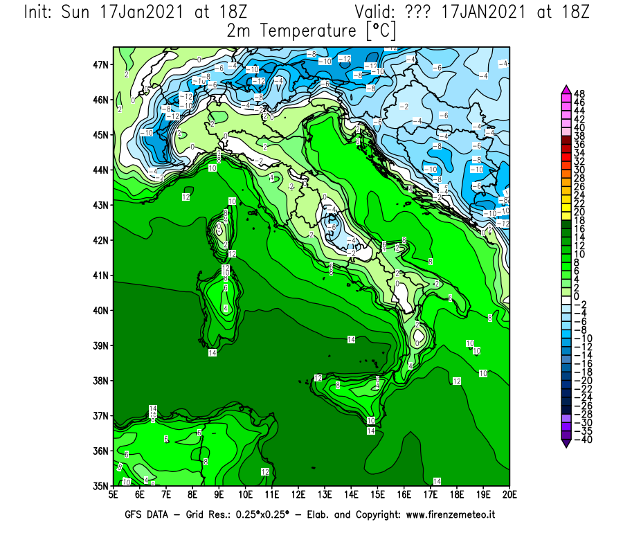 Mappa di analisi GFS - Temperatura a 2 metri dal suolo [°C] in Italia
							del 17/01/2021 18 <!--googleoff: index-->UTC<!--googleon: index-->