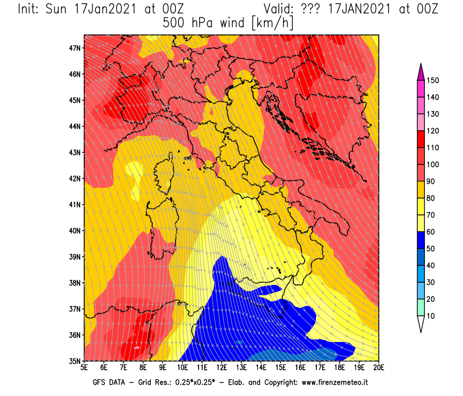 Mappa di analisi GFS - Velocità del vento a 500 hPa [km/h] in Italia
							del 17/01/2021 00 <!--googleoff: index-->UTC<!--googleon: index-->