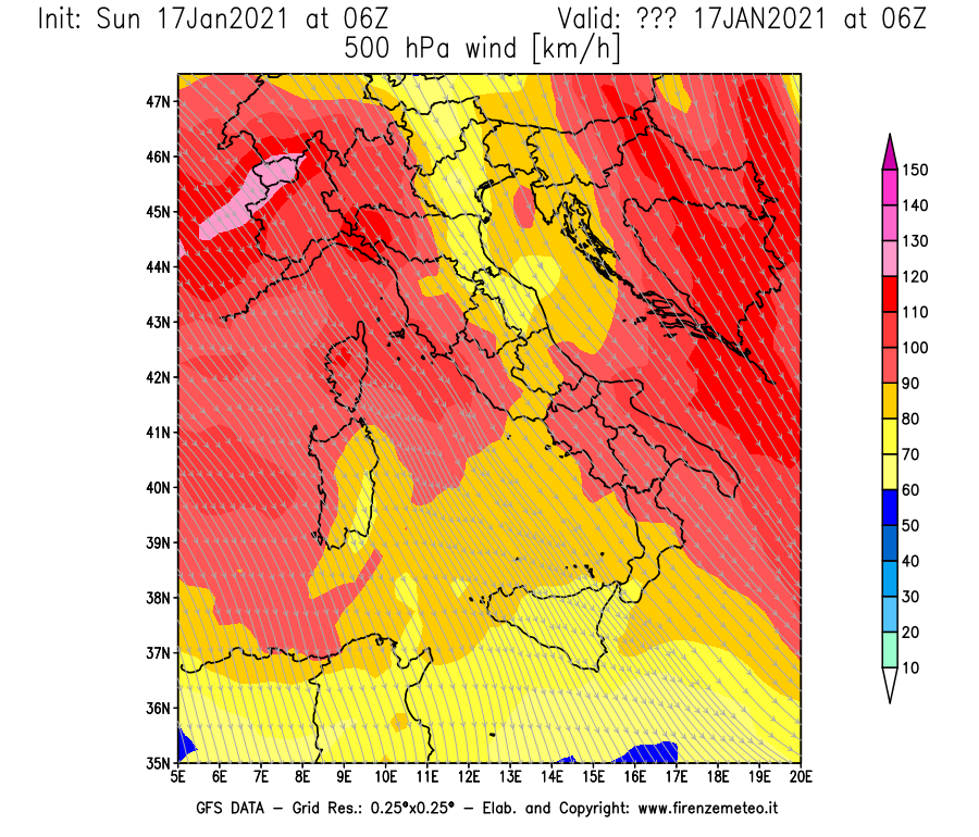 Mappa di analisi GFS - Velocità del vento a 500 hPa [km/h] in Italia
							del 17/01/2021 06 <!--googleoff: index-->UTC<!--googleon: index-->