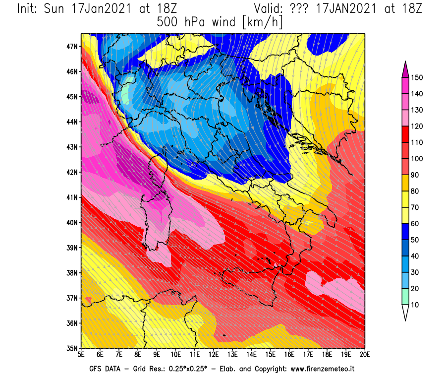 Mappa di analisi GFS - Velocità del vento a 500 hPa [km/h] in Italia
							del 17/01/2021 18 <!--googleoff: index-->UTC<!--googleon: index-->