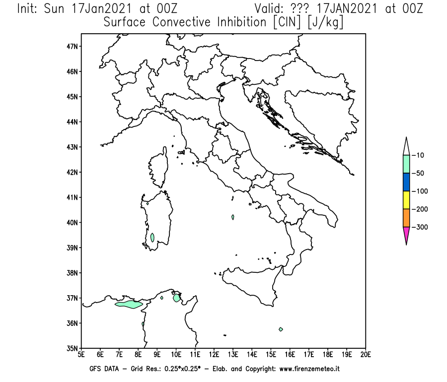 Mappa di analisi GFS - CIN [J/kg] in Italia
							del 17/01/2021 00 <!--googleoff: index-->UTC<!--googleon: index-->