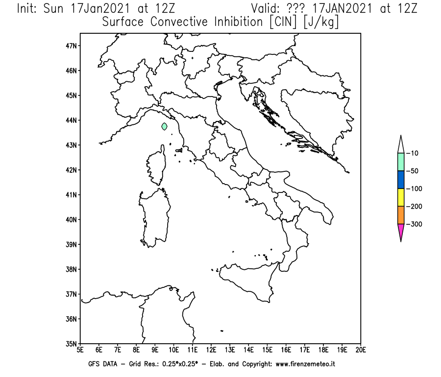Mappa di analisi GFS - CIN [J/kg] in Italia
							del 17/01/2021 12 <!--googleoff: index-->UTC<!--googleon: index-->