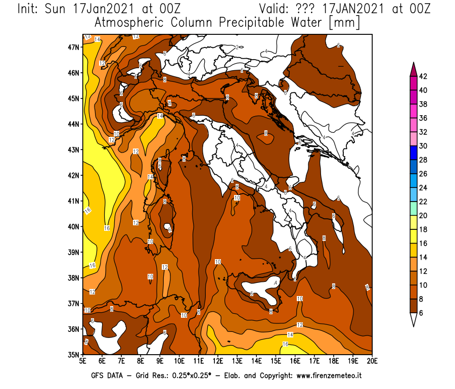 Mappa di analisi GFS - Precipitable Water [mm] in Italia
							del 17/01/2021 00 <!--googleoff: index-->UTC<!--googleon: index-->