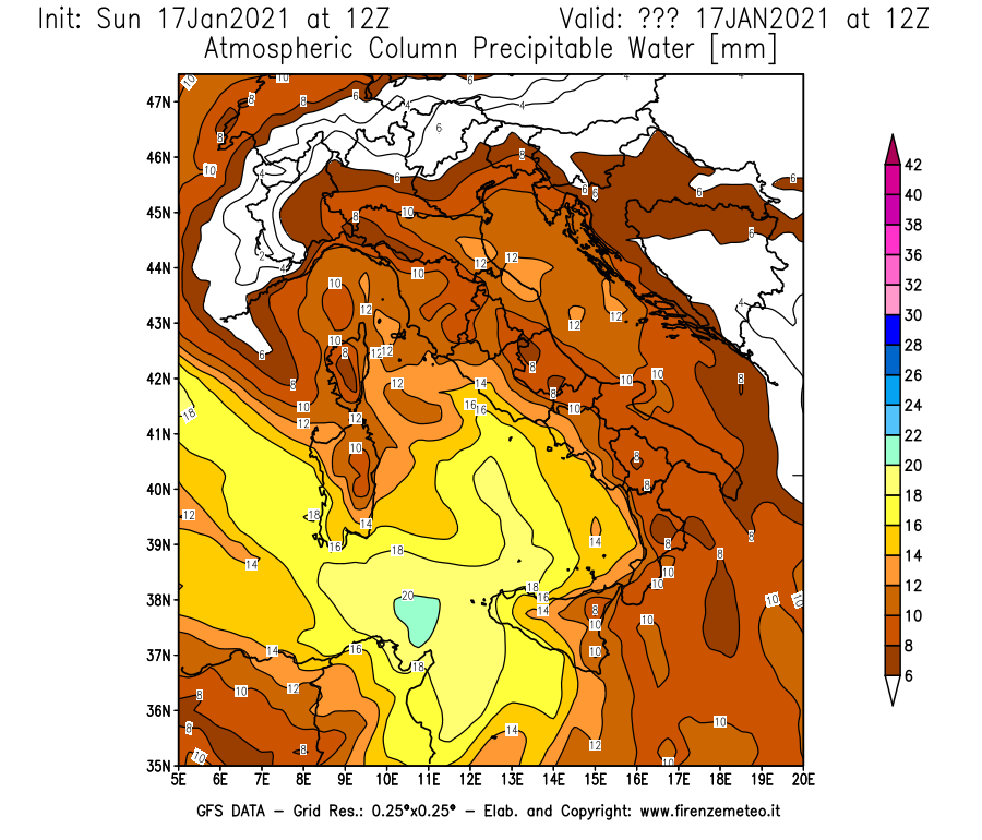 Mappa di analisi GFS - Precipitable Water [mm] in Italia
							del 17/01/2021 12 <!--googleoff: index-->UTC<!--googleon: index-->
