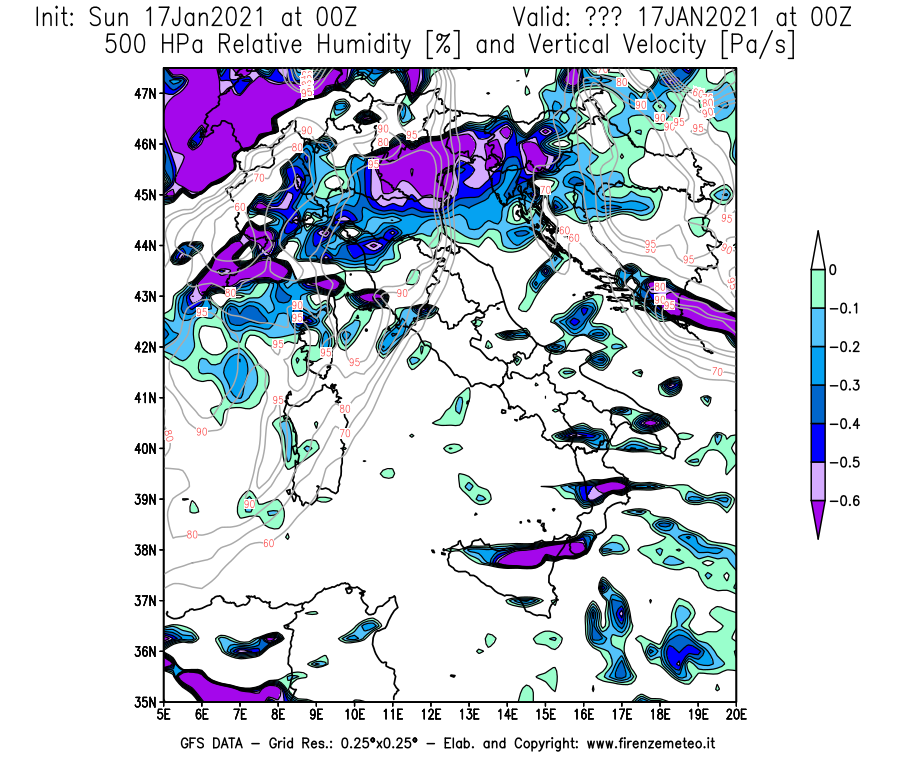 Mappa di analisi GFS - Umidità relativa [%] e Omega [Pa/s] a 500 hPa in Italia
							del 17/01/2021 00 <!--googleoff: index-->UTC<!--googleon: index-->