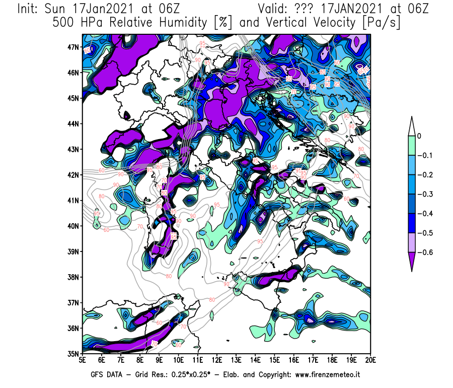 Mappa di analisi GFS - Umidità relativa [%] e Omega [Pa/s] a 500 hPa in Italia
							del 17/01/2021 06 <!--googleoff: index-->UTC<!--googleon: index-->