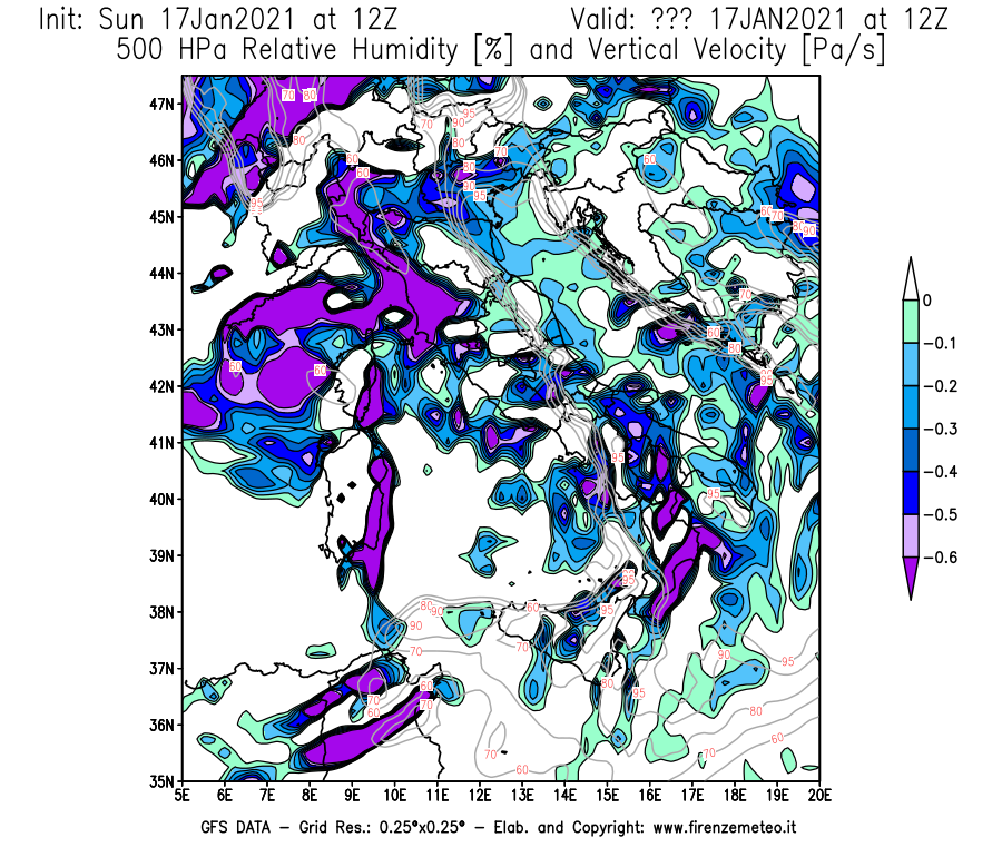 Mappa di analisi GFS - Umidità relativa [%] e Omega [Pa/s] a 500 hPa in Italia
							del 17/01/2021 12 <!--googleoff: index-->UTC<!--googleon: index-->