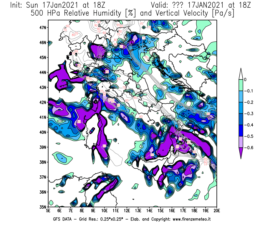Mappa di analisi GFS - Umidità relativa [%] e Omega [Pa/s] a 500 hPa in Italia
							del 17/01/2021 18 <!--googleoff: index-->UTC<!--googleon: index-->
