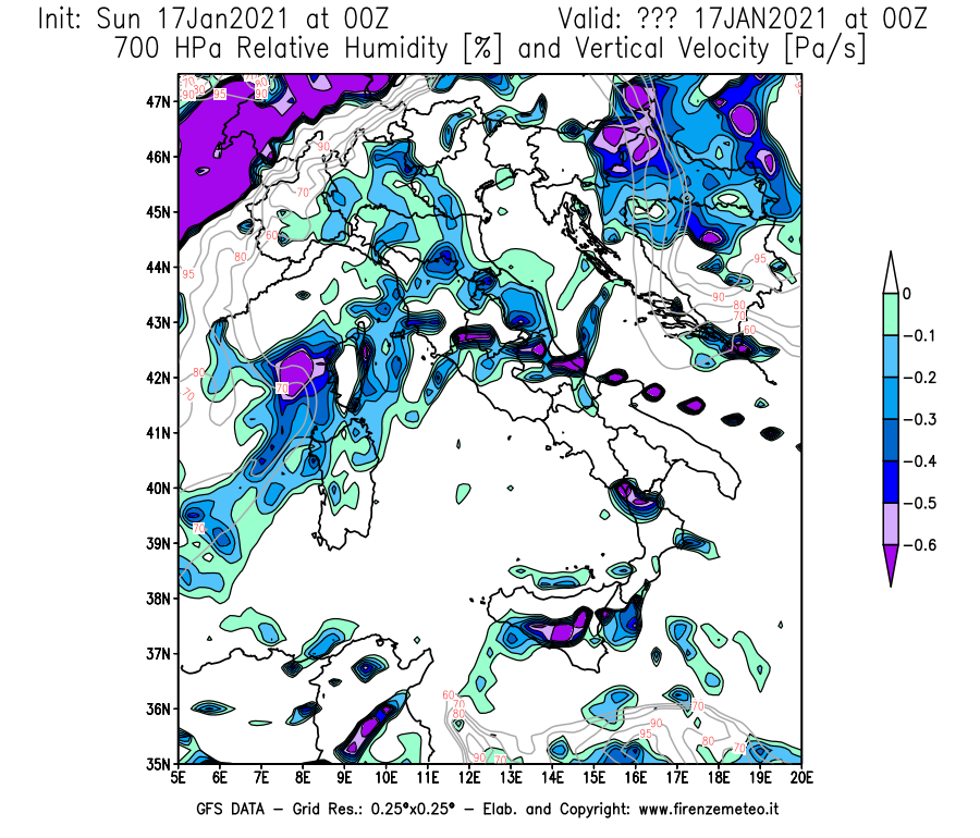 Mappa di analisi GFS - Umidità relativa [%] e Omega [Pa/s] a 700 hPa in Italia
							del 17/01/2021 00 <!--googleoff: index-->UTC<!--googleon: index-->