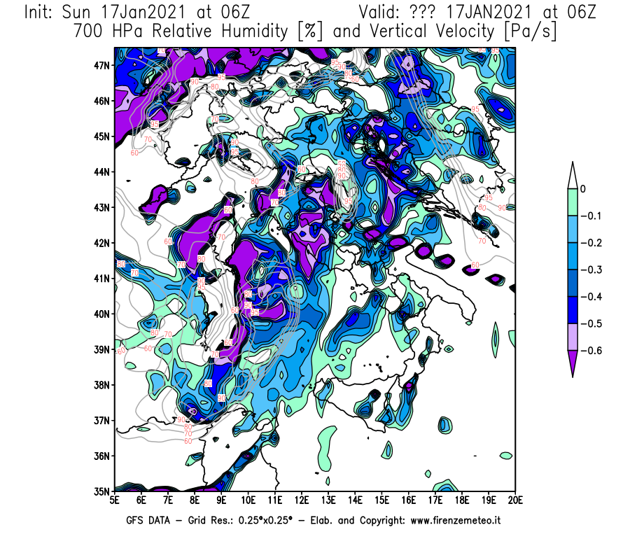 Mappa di analisi GFS - Umidità relativa [%] e Omega [Pa/s] a 700 hPa in Italia
							del 17/01/2021 06 <!--googleoff: index-->UTC<!--googleon: index-->