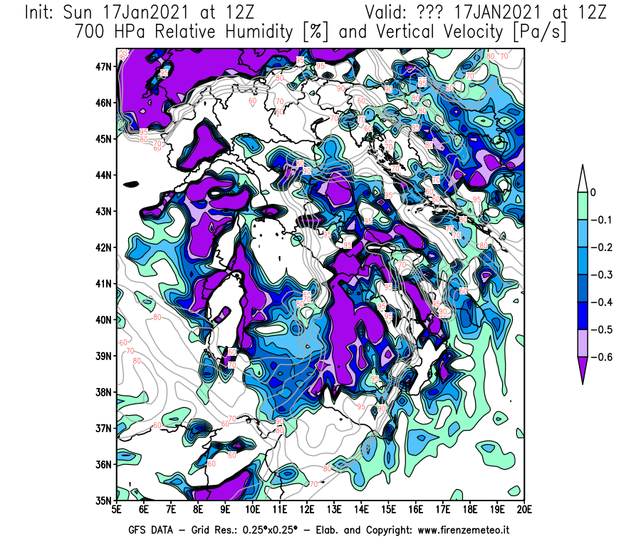 Mappa di analisi GFS - Umidità relativa [%] e Omega [Pa/s] a 700 hPa in Italia
							del 17/01/2021 12 <!--googleoff: index-->UTC<!--googleon: index-->
