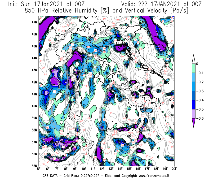 Mappa di analisi GFS - Umidità relativa [%] e Omega [Pa/s] a 850 hPa in Italia
							del 17/01/2021 00 <!--googleoff: index-->UTC<!--googleon: index-->