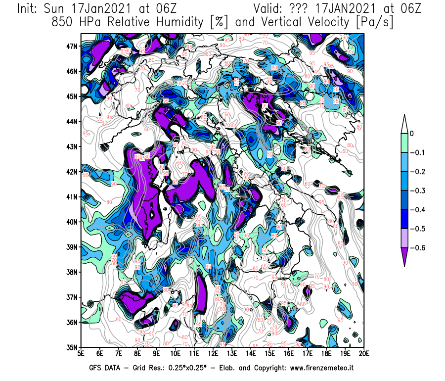 Mappa di analisi GFS - Umidità relativa [%] e Omega [Pa/s] a 850 hPa in Italia
							del 17/01/2021 06 <!--googleoff: index-->UTC<!--googleon: index-->
