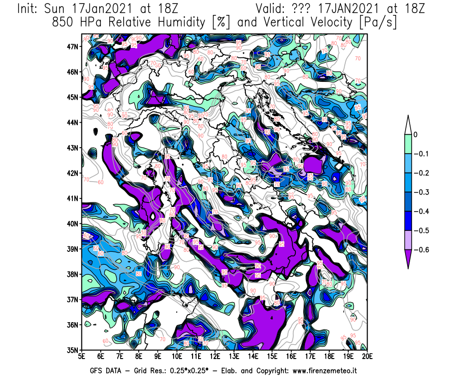 Mappa di analisi GFS - Umidità relativa [%] e Omega [Pa/s] a 850 hPa in Italia
							del 17/01/2021 18 <!--googleoff: index-->UTC<!--googleon: index-->
