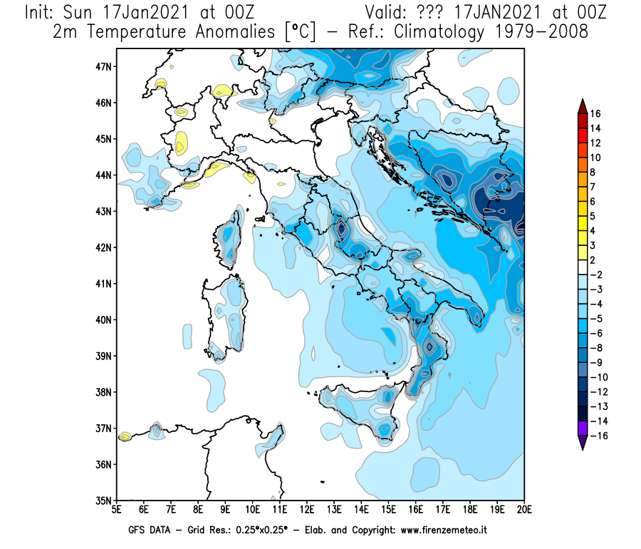 Mappa di analisi GFS - Anomalia Temperatura [°C] a 2 m in Italia
							del 17/01/2021 00 <!--googleoff: index-->UTC<!--googleon: index-->