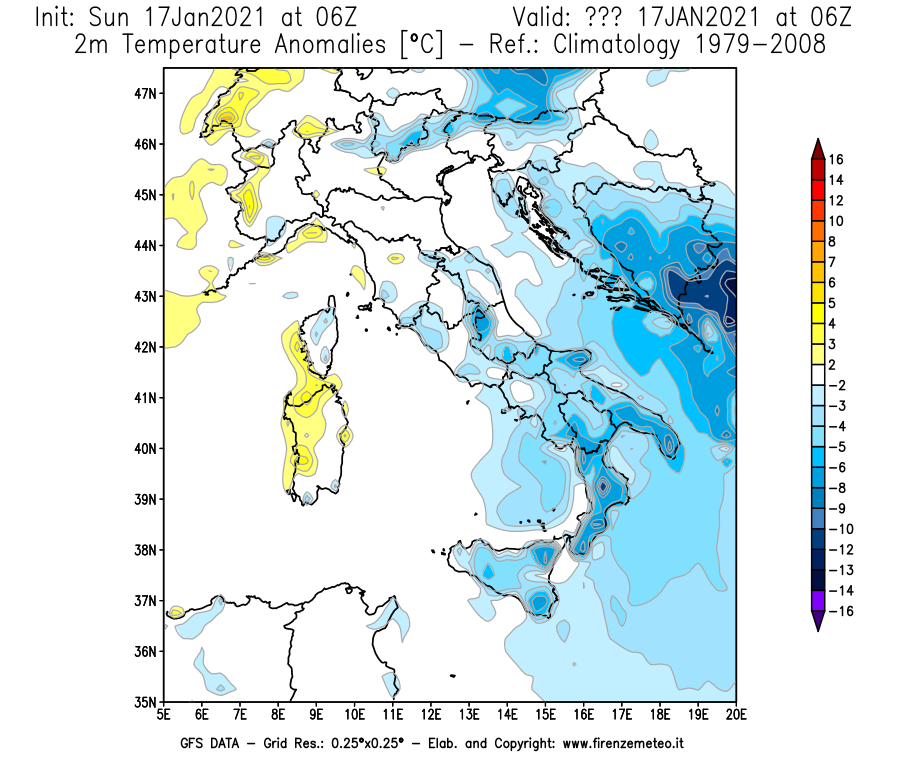 Mappa di analisi GFS - Anomalia Temperatura [°C] a 2 m in Italia
							del 17/01/2021 06 <!--googleoff: index-->UTC<!--googleon: index-->