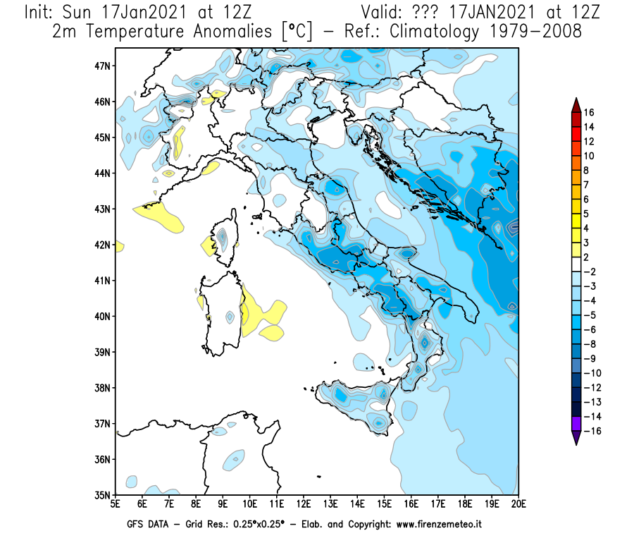 Mappa di analisi GFS - Anomalia Temperatura [°C] a 2 m in Italia
							del 17/01/2021 12 <!--googleoff: index-->UTC<!--googleon: index-->