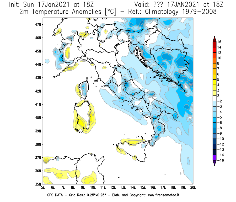 Mappa di analisi GFS - Anomalia Temperatura [°C] a 2 m in Italia
							del 17/01/2021 18 <!--googleoff: index-->UTC<!--googleon: index-->