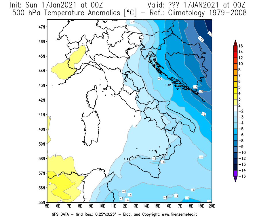 Mappa di analisi GFS - Anomalia Temperatura [°C] a 500 hPa in Italia
							del 17/01/2021 00 <!--googleoff: index-->UTC<!--googleon: index-->