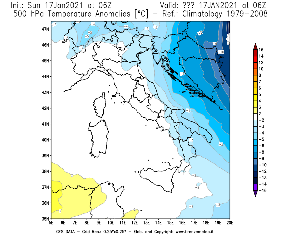 Mappa di analisi GFS - Anomalia Temperatura [°C] a 500 hPa in Italia
							del 17/01/2021 06 <!--googleoff: index-->UTC<!--googleon: index-->