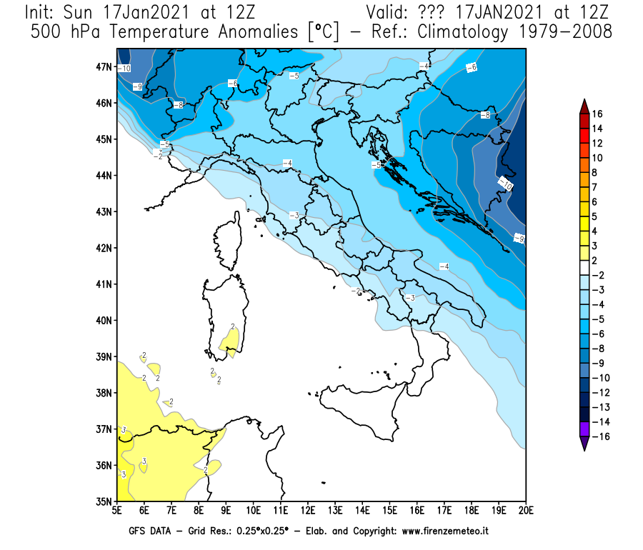 Mappa di analisi GFS - Anomalia Temperatura [°C] a 500 hPa in Italia
							del 17/01/2021 12 <!--googleoff: index-->UTC<!--googleon: index-->