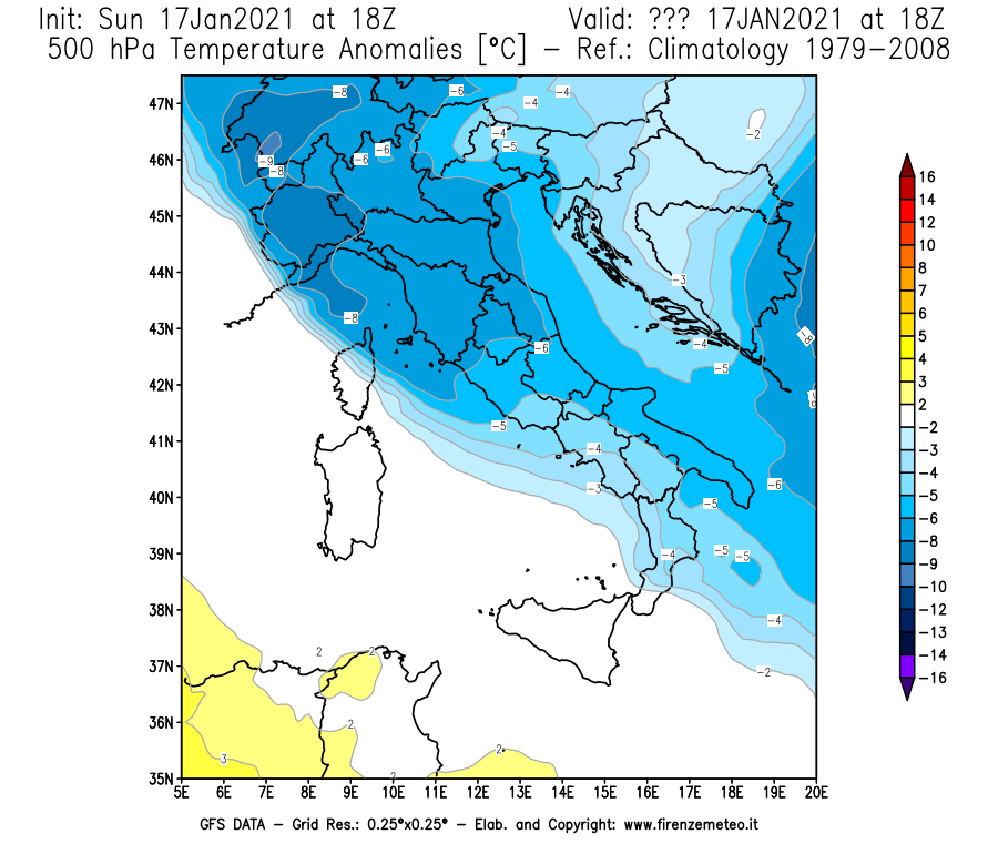 Mappa di analisi GFS - Anomalia Temperatura [°C] a 500 hPa in Italia
							del 17/01/2021 18 <!--googleoff: index-->UTC<!--googleon: index-->