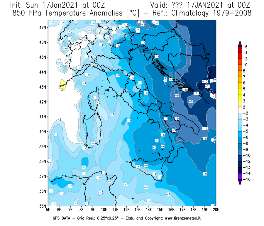 Mappa di analisi GFS - Anomalia Temperatura [°C] a 850 hPa in Italia
							del 17/01/2021 00 <!--googleoff: index-->UTC<!--googleon: index-->