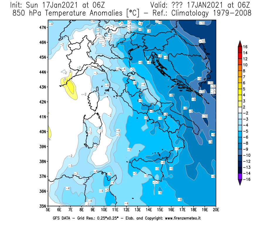 Mappa di analisi GFS - Anomalia Temperatura [°C] a 850 hPa in Italia
							del 17/01/2021 06 <!--googleoff: index-->UTC<!--googleon: index-->