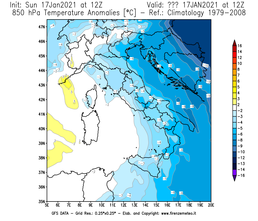 Mappa di analisi GFS - Anomalia Temperatura [°C] a 850 hPa in Italia
							del 17/01/2021 12 <!--googleoff: index-->UTC<!--googleon: index-->