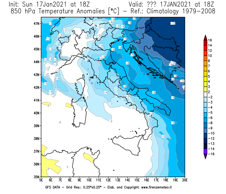 Mappa di analisi GFS - Anomalia Temperatura [°C] a 850 hPa in Italia
							del 17/01/2021 18 <!--googleoff: index-->UTC<!--googleon: index-->