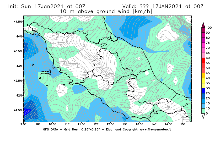 Mappa di analisi GFS - Velocità del vento a 10 metri dal suolo [km/h] in Centro-Italia
							del 17/01/2021 00 <!--googleoff: index-->UTC<!--googleon: index-->