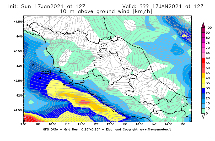 Mappa di analisi GFS - Velocità del vento a 10 metri dal suolo [km/h] in Centro-Italia
							del 17/01/2021 12 <!--googleoff: index-->UTC<!--googleon: index-->