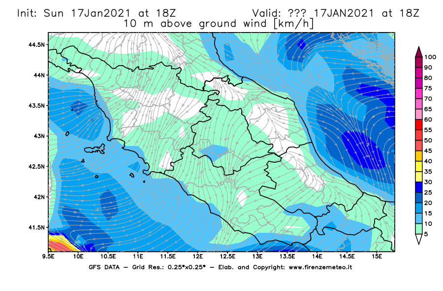 Mappa di analisi GFS - Velocità del vento a 10 metri dal suolo [km/h] in Centro-Italia
							del 17/01/2021 18 <!--googleoff: index-->UTC<!--googleon: index-->