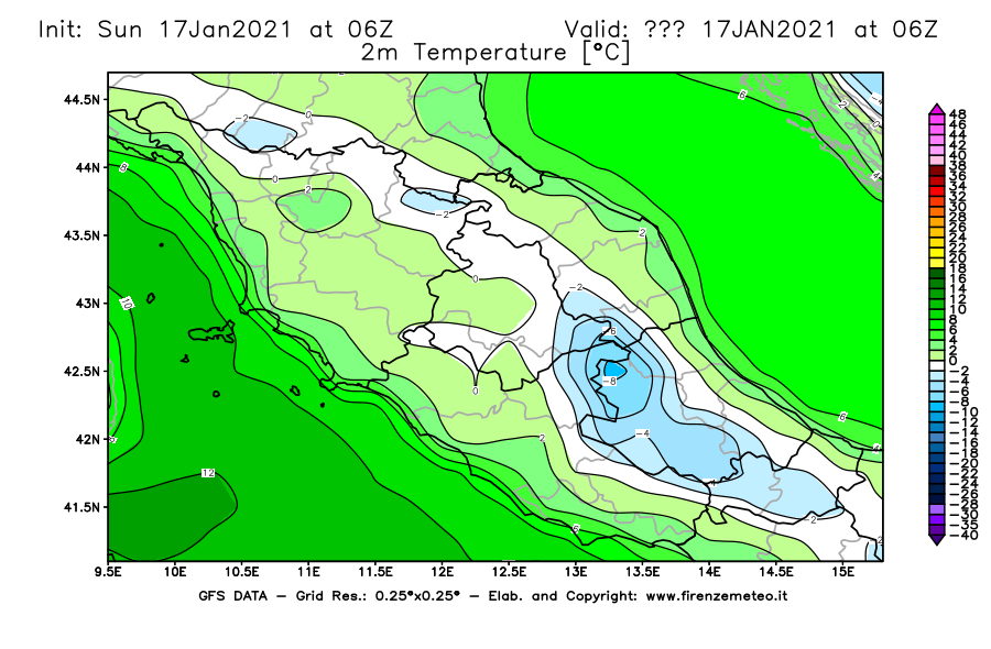 Mappa di analisi GFS - Temperatura a 2 metri dal suolo [°C] in Centro-Italia
							del 17/01/2021 06 <!--googleoff: index-->UTC<!--googleon: index-->