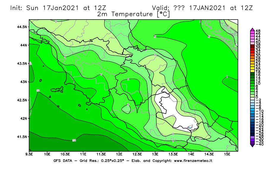 Mappa di analisi GFS - Temperatura a 2 metri dal suolo [°C] in Centro-Italia
							del 17/01/2021 12 <!--googleoff: index-->UTC<!--googleon: index-->