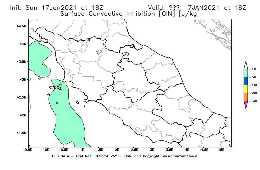 Mappa di analisi GFS - CIN [J/kg] in Centro-Italia
							del 17/01/2021 18 <!--googleoff: index-->UTC<!--googleon: index-->