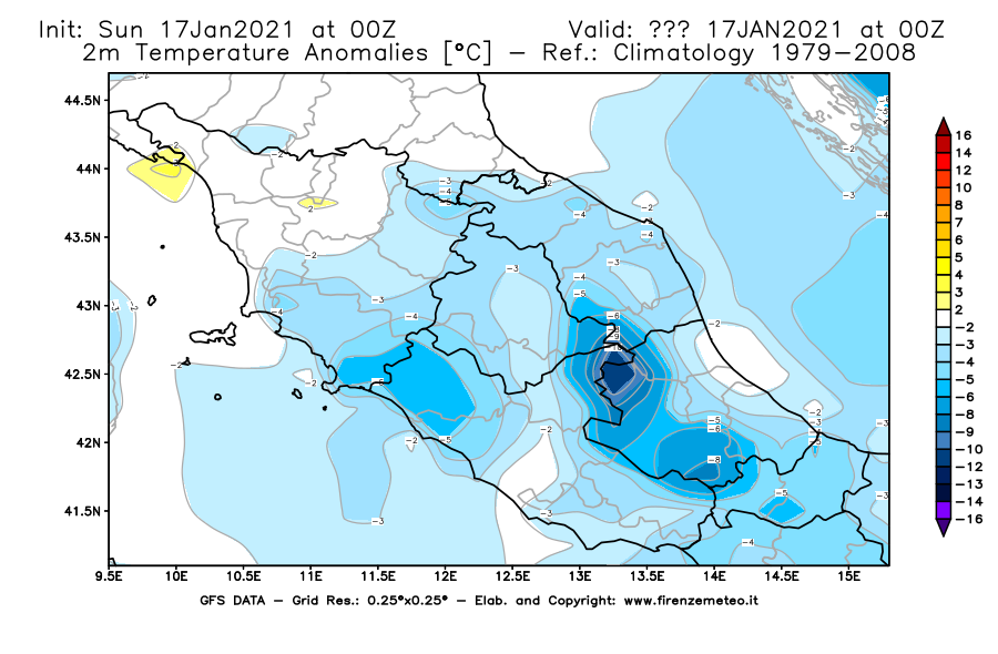 Mappa di analisi GFS - Anomalia Temperatura [°C] a 2 m in Centro-Italia
							del 17/01/2021 00 <!--googleoff: index-->UTC<!--googleon: index-->