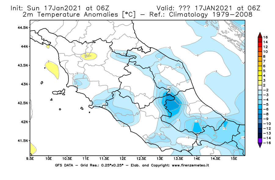 Mappa di analisi GFS - Anomalia Temperatura [°C] a 2 m in Centro-Italia
							del 17/01/2021 06 <!--googleoff: index-->UTC<!--googleon: index-->