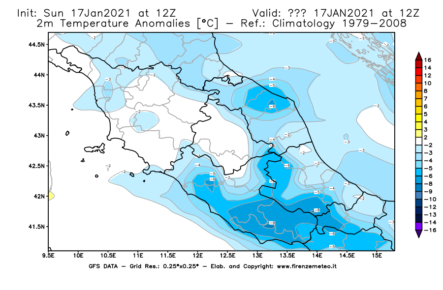 Mappa di analisi GFS - Anomalia Temperatura [°C] a 2 m in Centro-Italia
							del 17/01/2021 12 <!--googleoff: index-->UTC<!--googleon: index-->