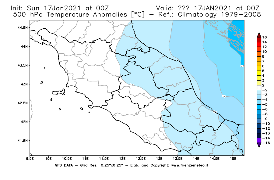 Mappa di analisi GFS - Anomalia Temperatura [°C] a 500 hPa in Centro-Italia
							del 17/01/2021 00 <!--googleoff: index-->UTC<!--googleon: index-->