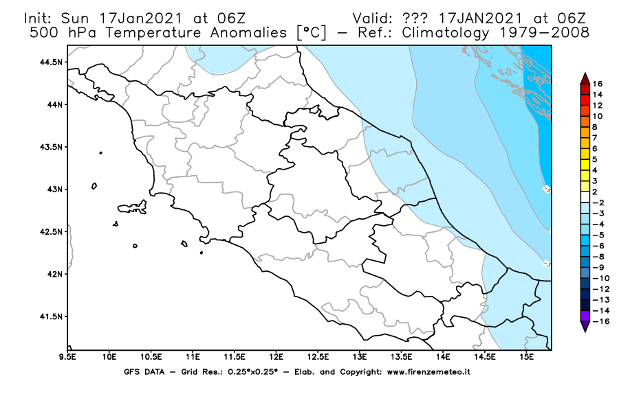 Mappa di analisi GFS - Anomalia Temperatura [°C] a 500 hPa in Centro-Italia
							del 17/01/2021 06 <!--googleoff: index-->UTC<!--googleon: index-->