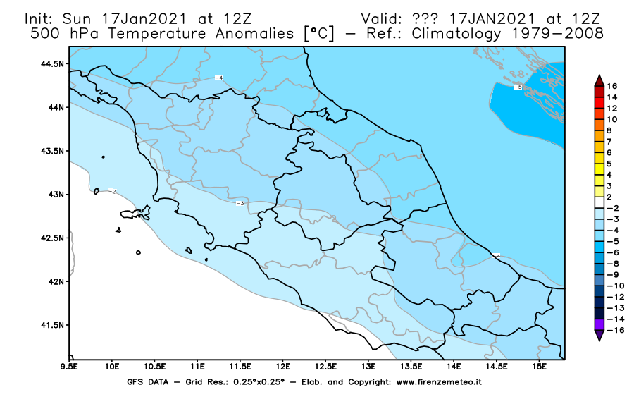 Mappa di analisi GFS - Anomalia Temperatura [°C] a 500 hPa in Centro-Italia
							del 17/01/2021 12 <!--googleoff: index-->UTC<!--googleon: index-->