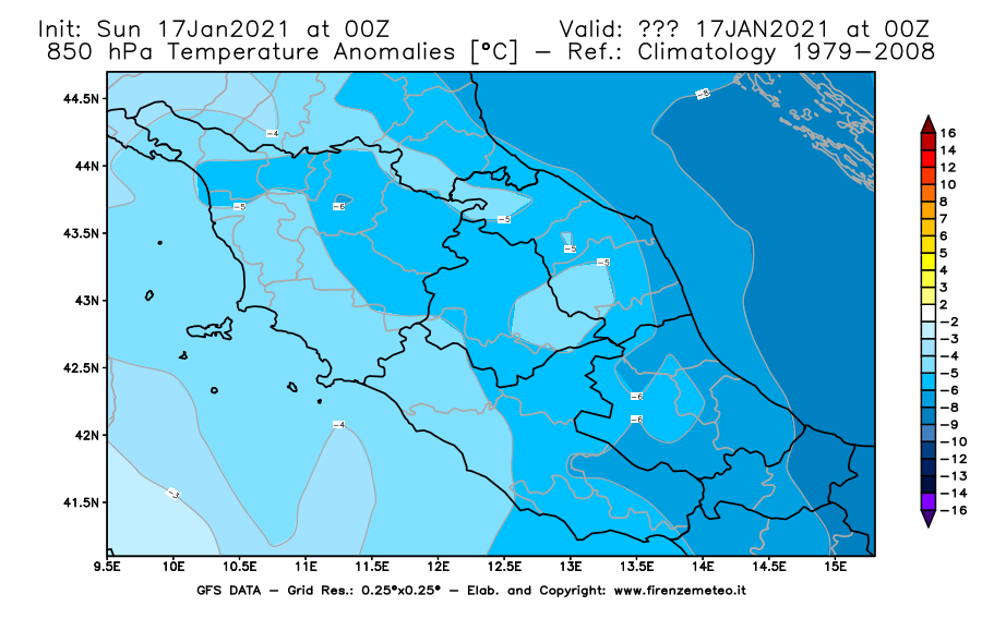 Mappa di analisi GFS - Anomalia Temperatura [°C] a 850 hPa in Centro-Italia
							del 17/01/2021 00 <!--googleoff: index-->UTC<!--googleon: index-->